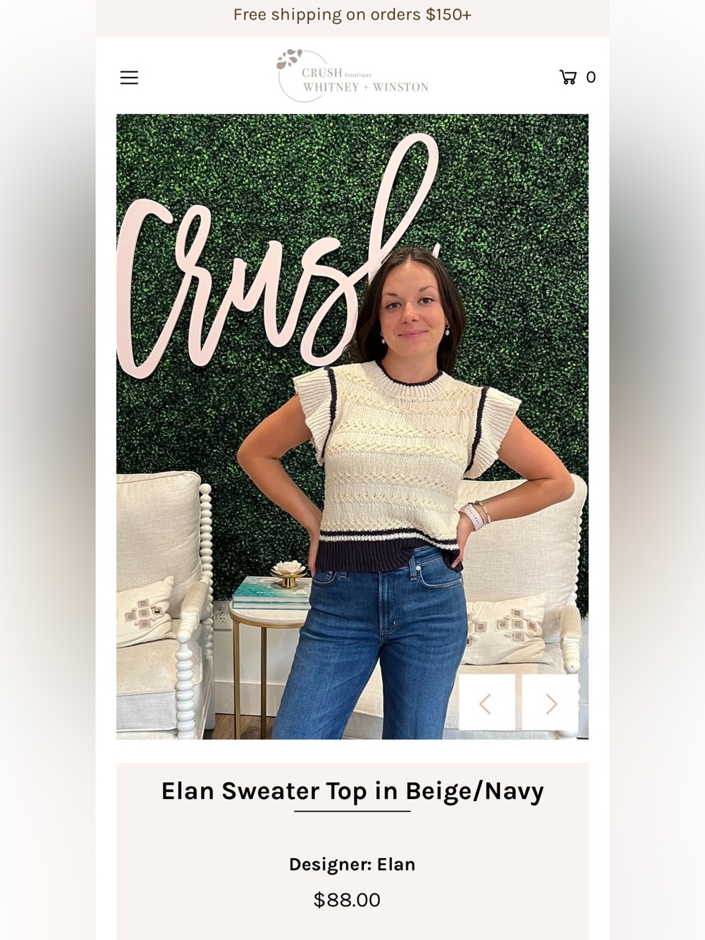 Elan Cream Knit Sweater Tank with Navy Trim